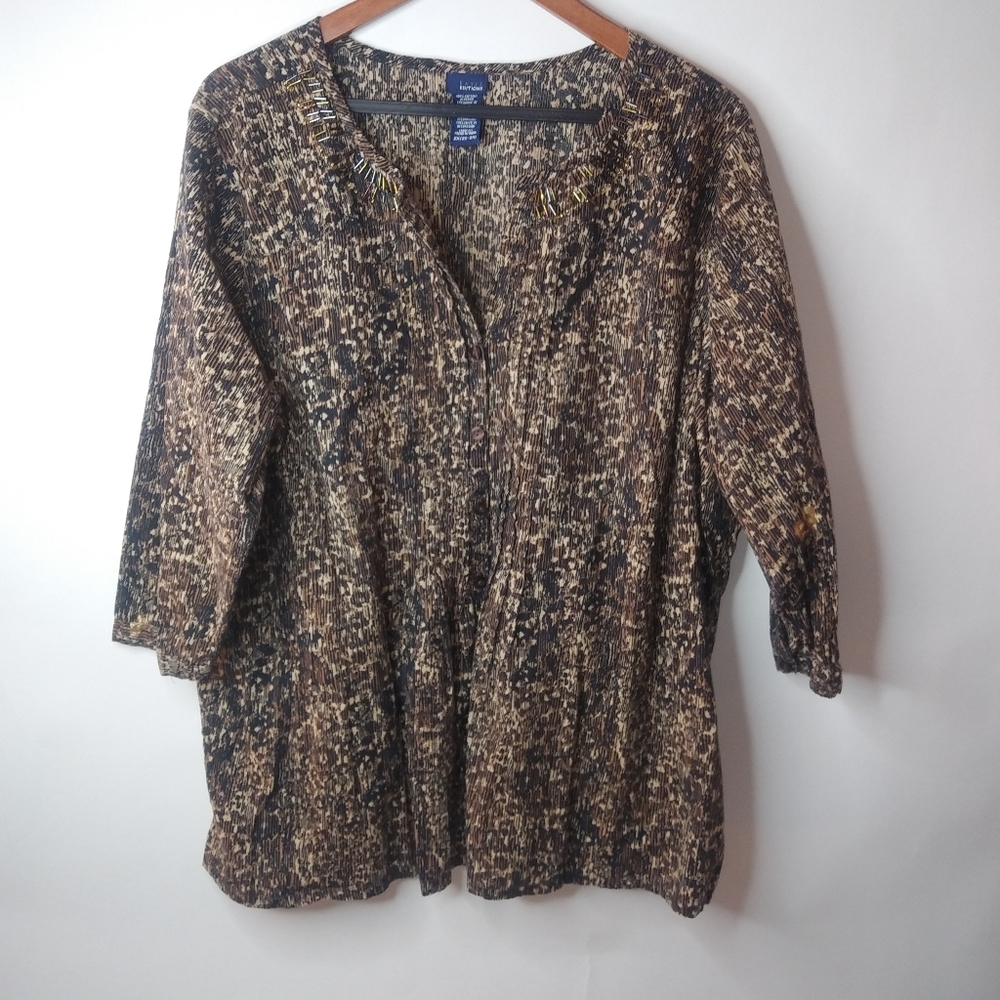 Basic Editions Brown Animal Print Top 2X Plus